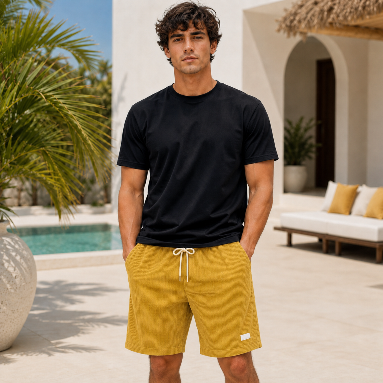 Short homme jaune avec cordon de serrage, vue de face