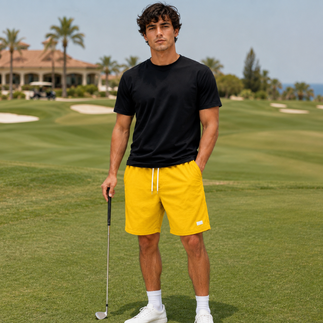 Short homme casual jaune porté en extérieur, vue de dos