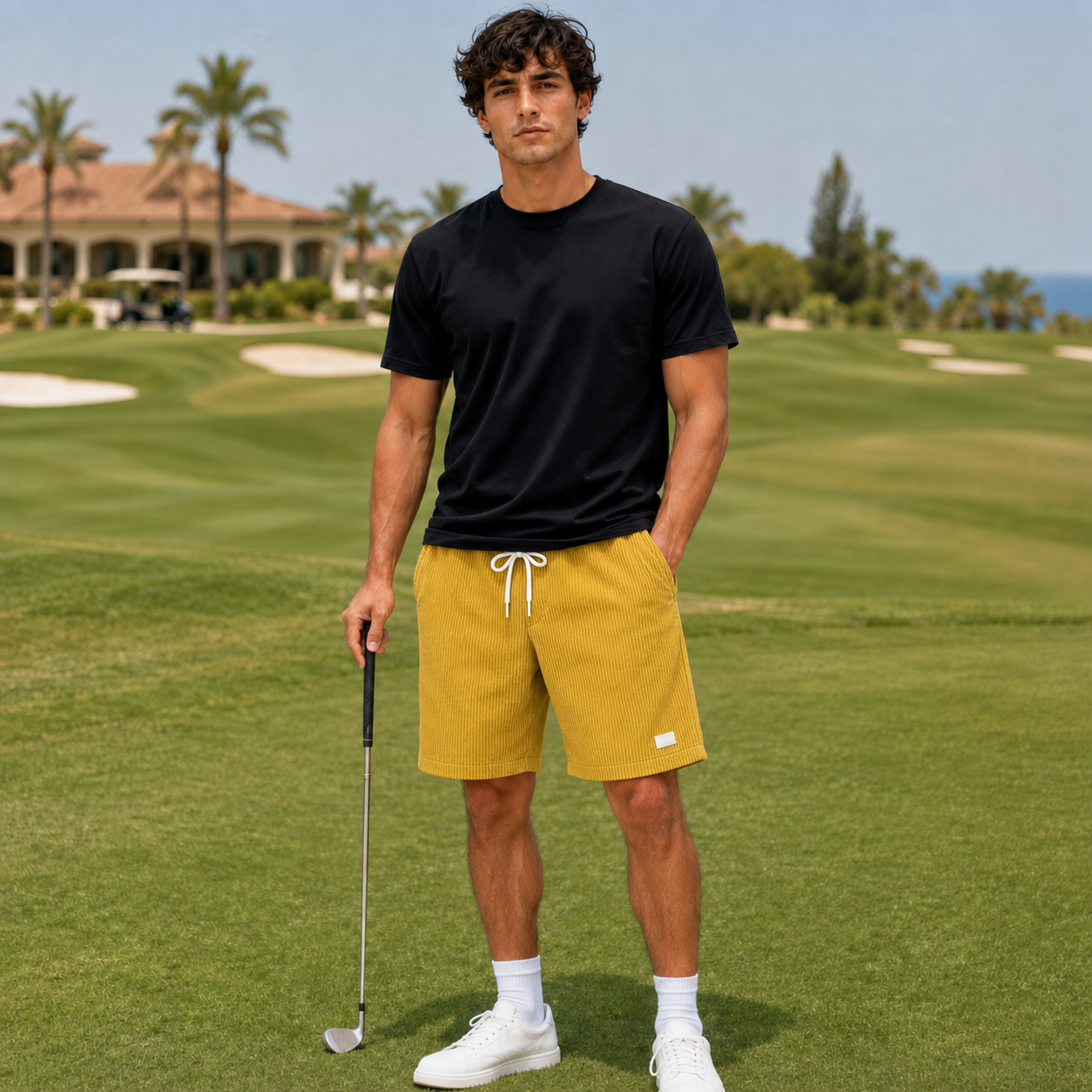 Short homme casual jaune porté en extérieur, vue de dos
