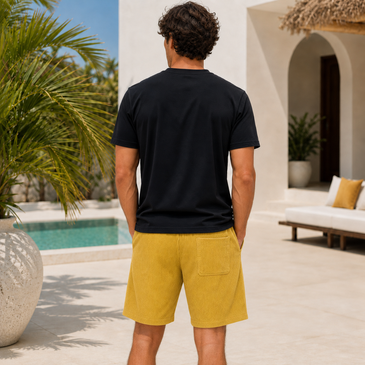 Short homme jaune coupe regular, vue de côté