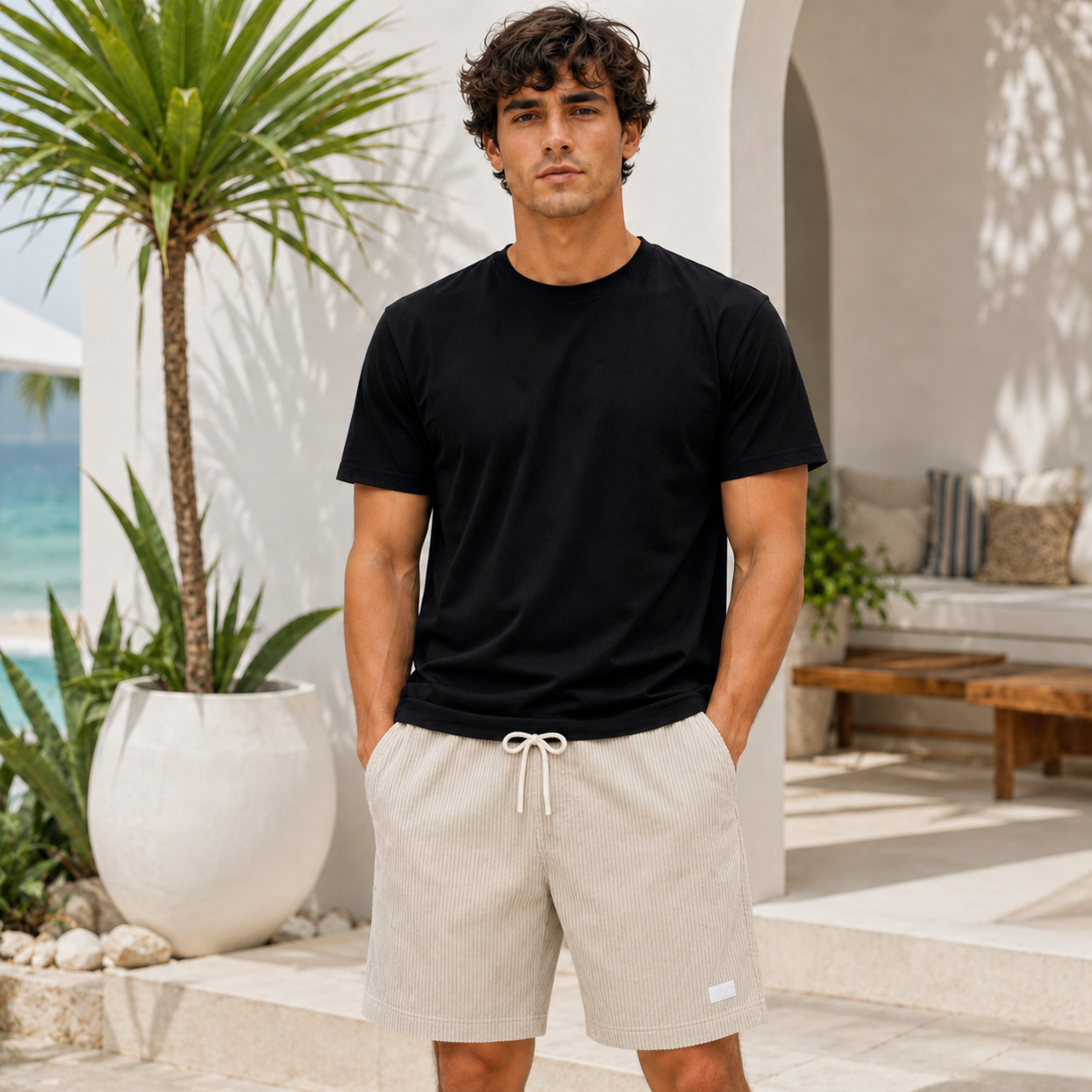 Short homme kaki décontracté avec taille élastique