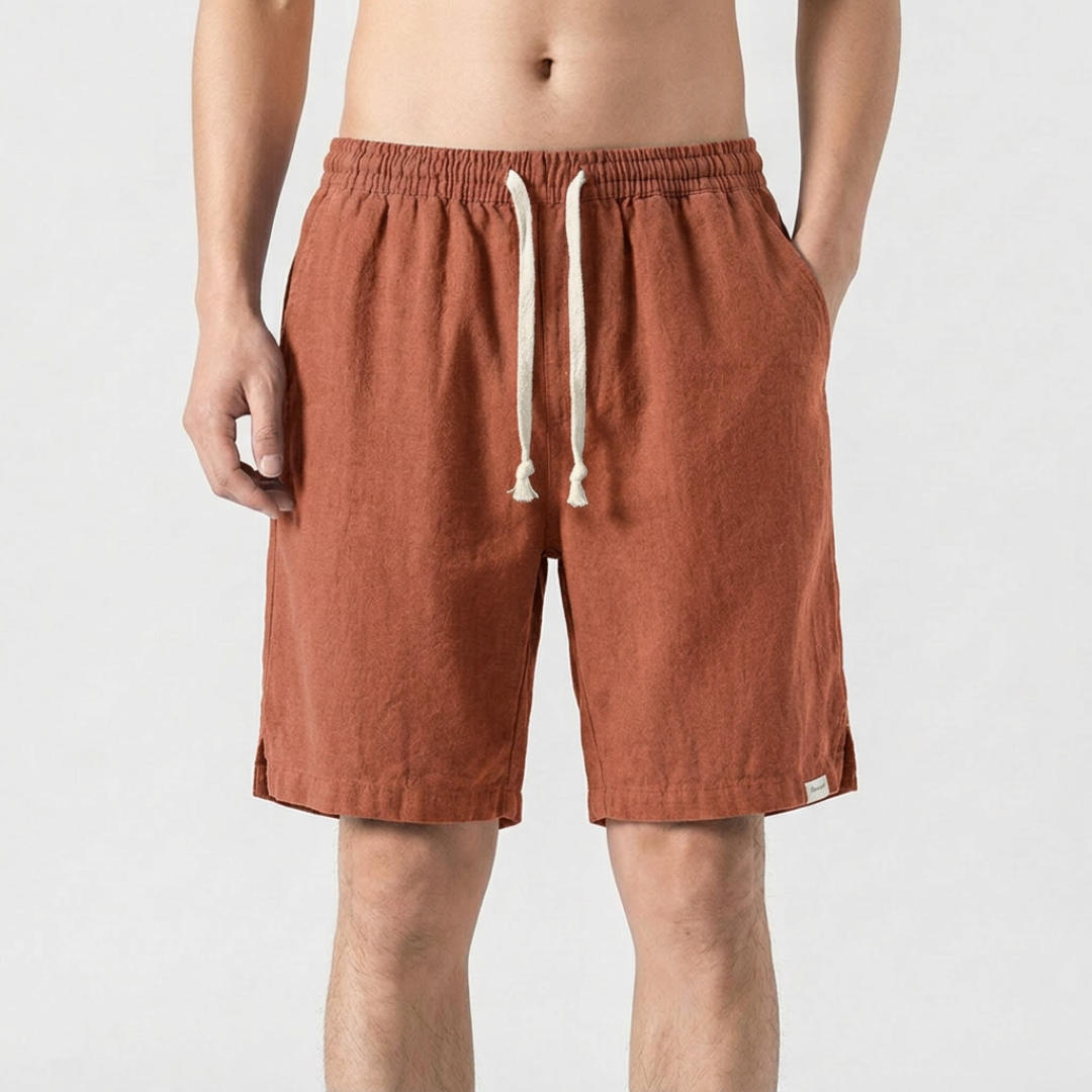 Short homme rouge brique taille élastique cordon beige