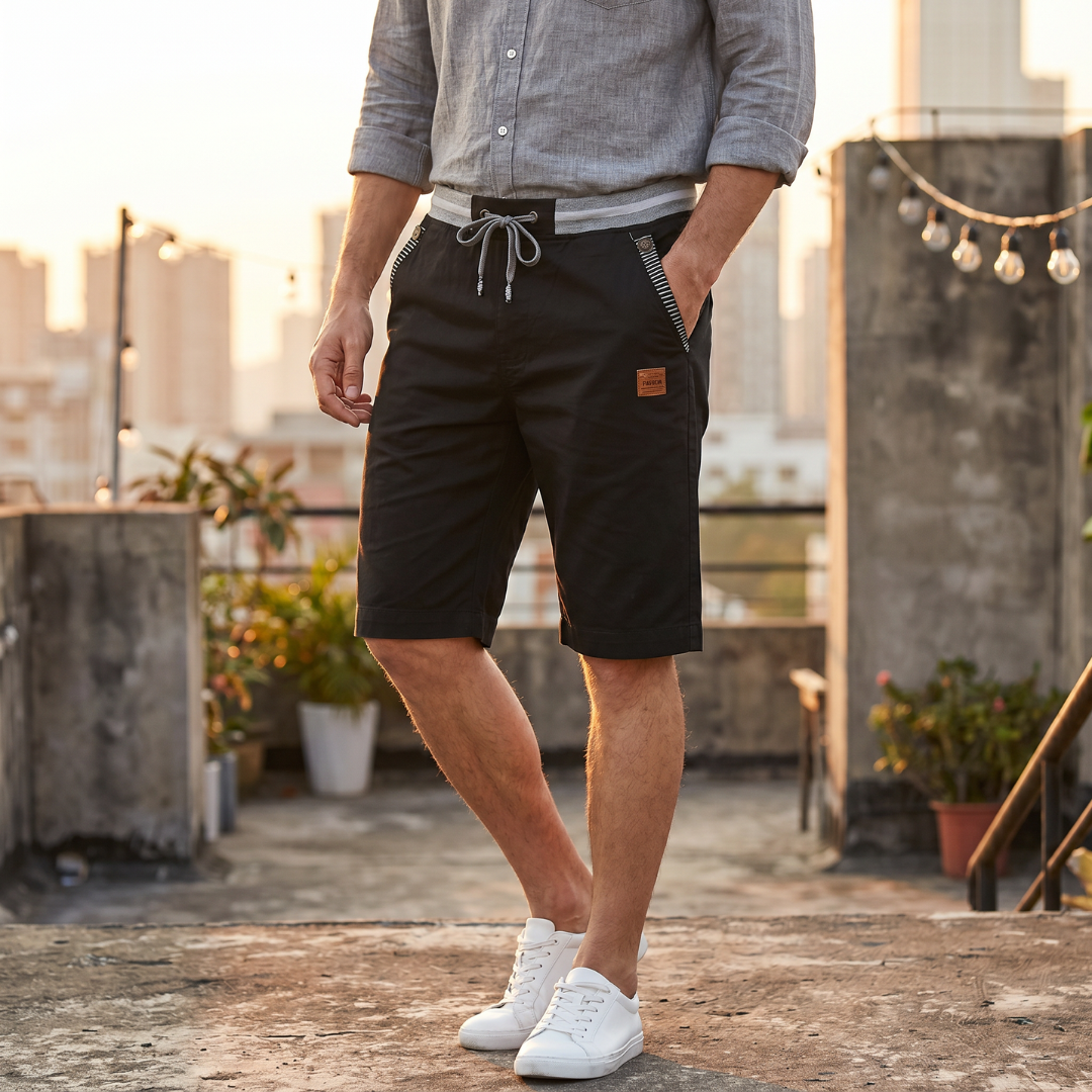 Short homme noir avec ceinture élastique bicolore et détails rayés