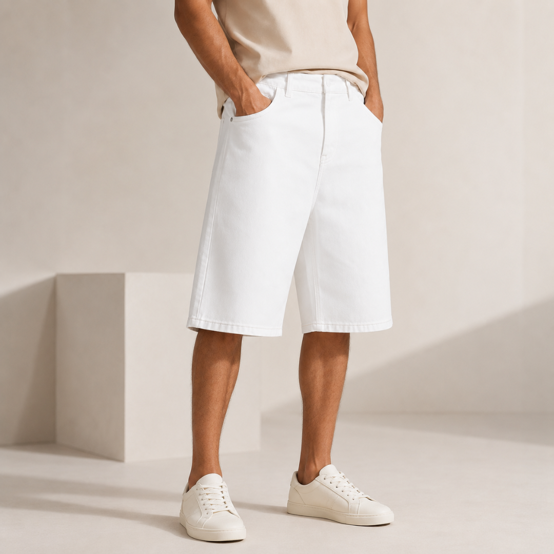Short homme blanc de face, jambes larges tombant au genou avec sneakers