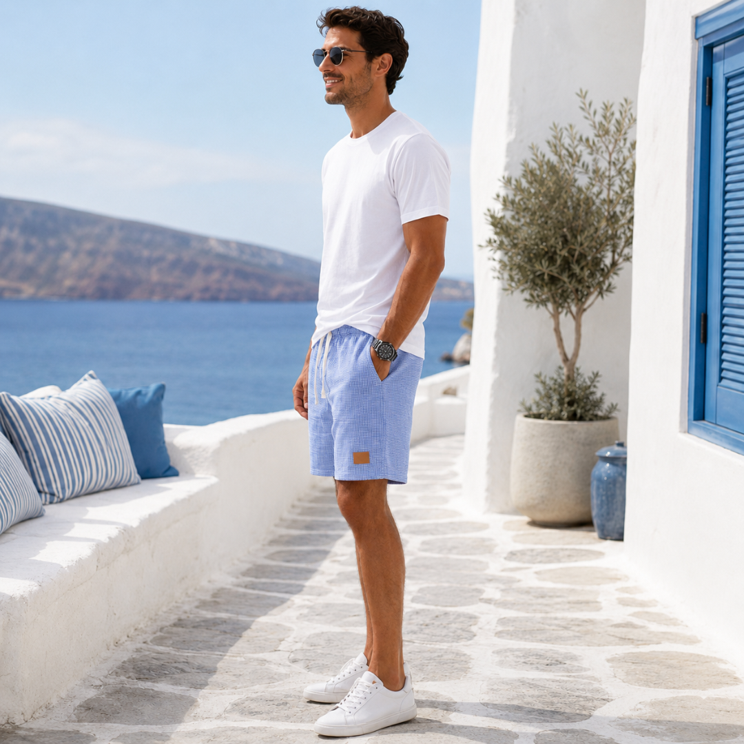 Short homme bleu clair cordon creme detail taille elastique exterieur ensoleille