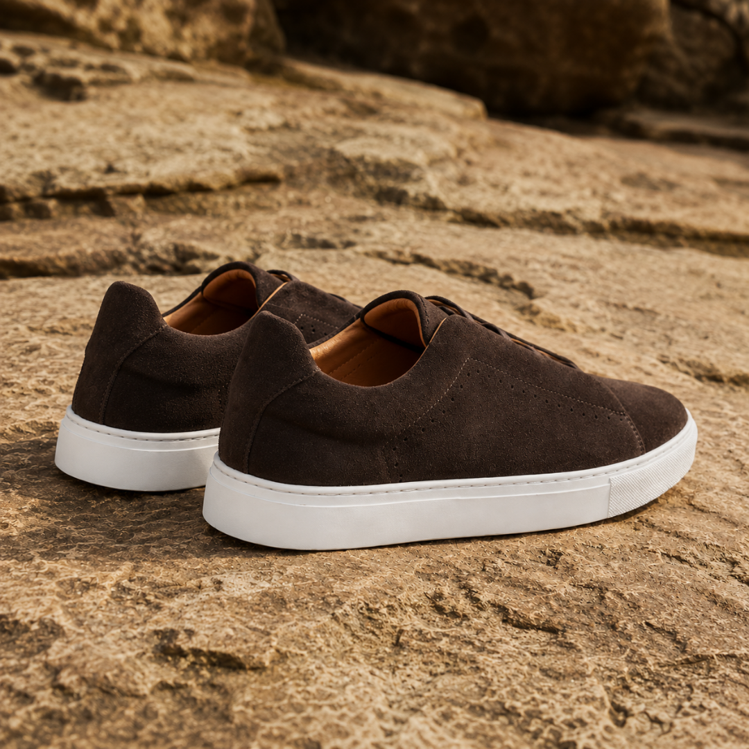 Vue arrière des sneakers marron foncé, intérieur clair et semelle blanche