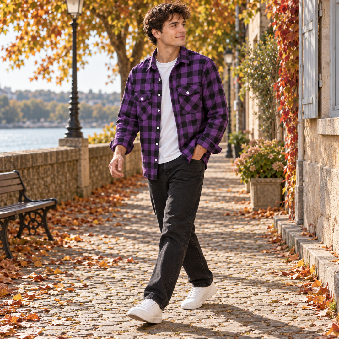 Surchemise homme violette à carreaux portée ouverte sur un t-shirt blanc