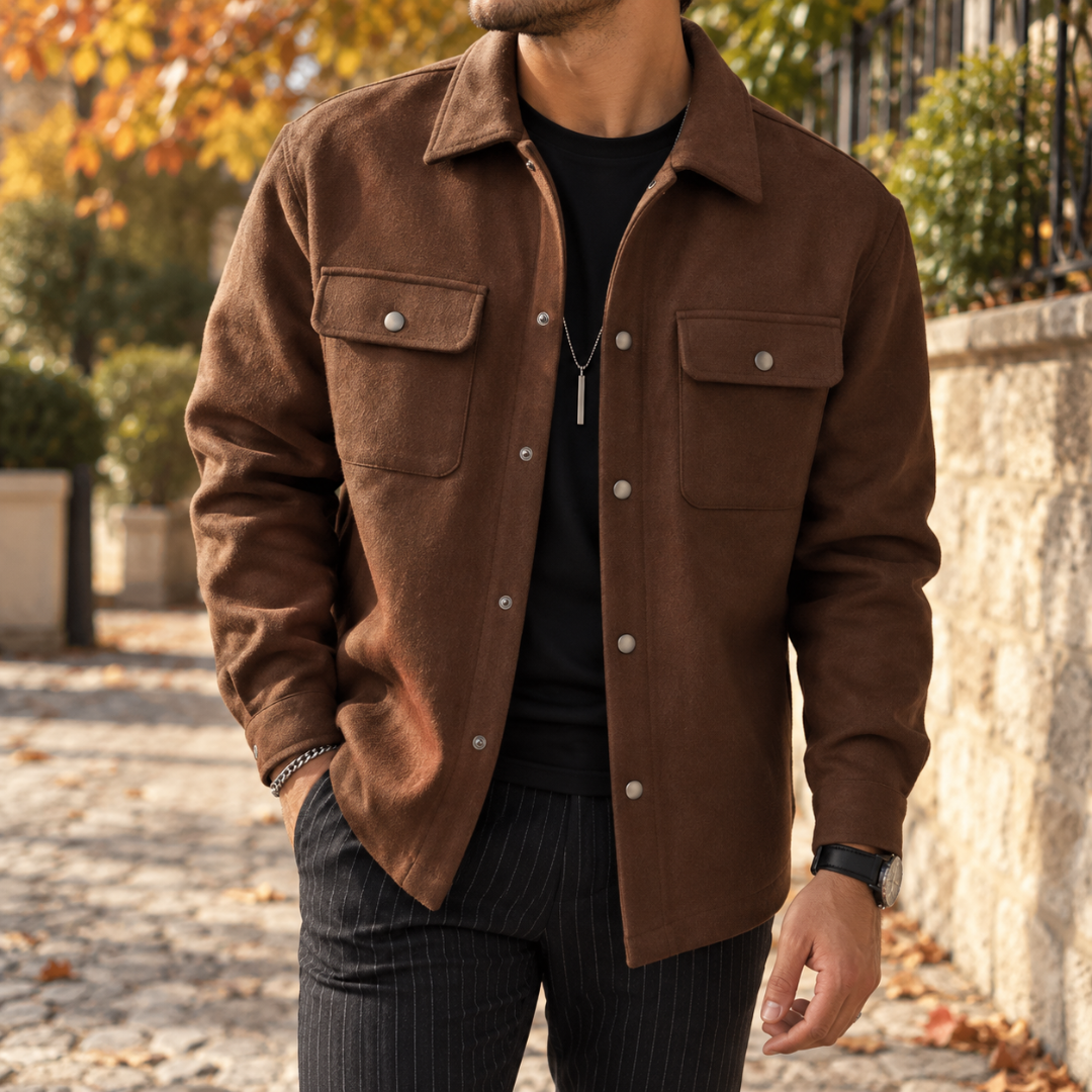 Surchemise homme marron ouverte, col chemise large et pressions métalliques mates