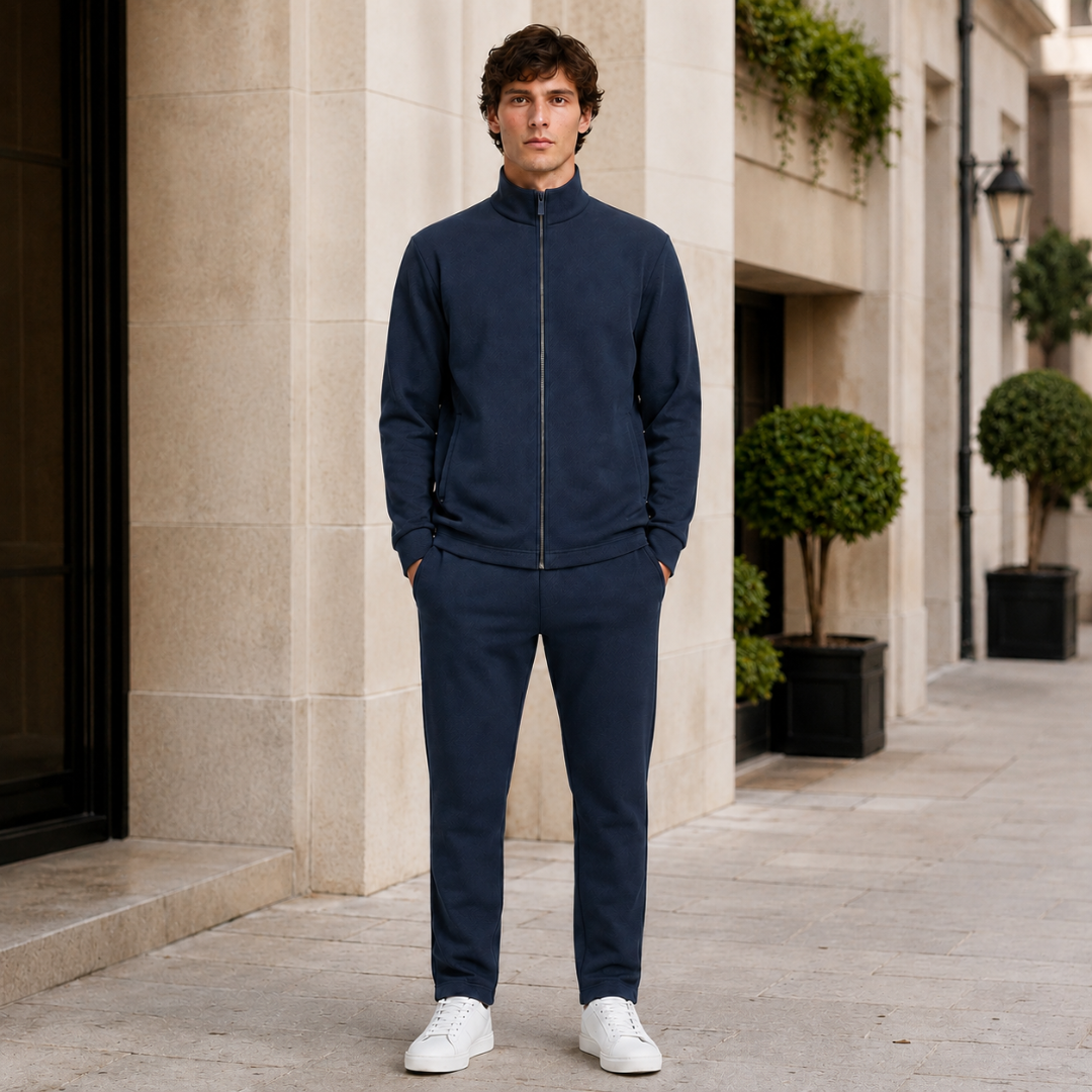 Survêtement homme bleu marine de face, fermeture zippée intégrale et col montant droit