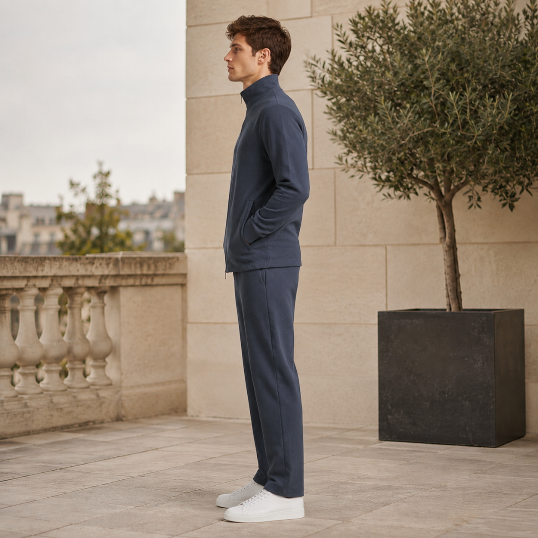 Veste zippée gris foncé et pantalon assorti vus de profil, poche latérale visible