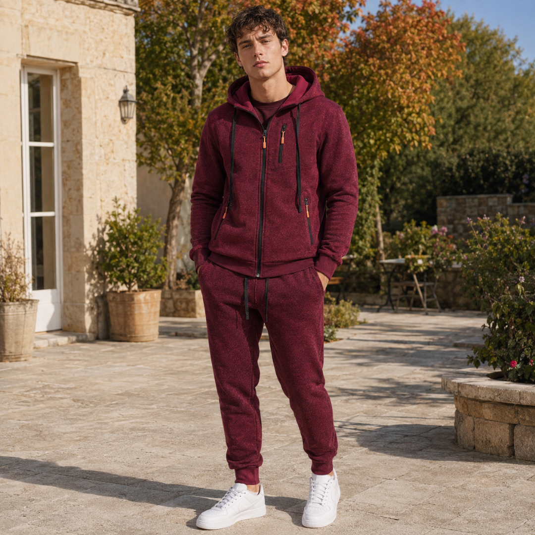 Survêtement homme rouge foncé, veste zippée à capuche et cordons de serrage contrastés