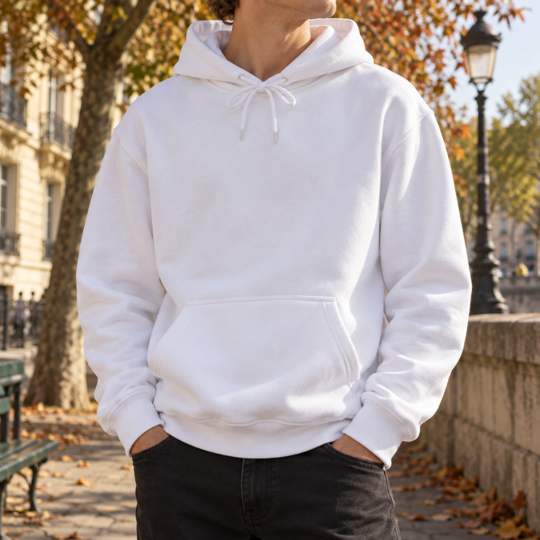 Sweat à capuche homme blanc avec poche kangourou et cordon blanc