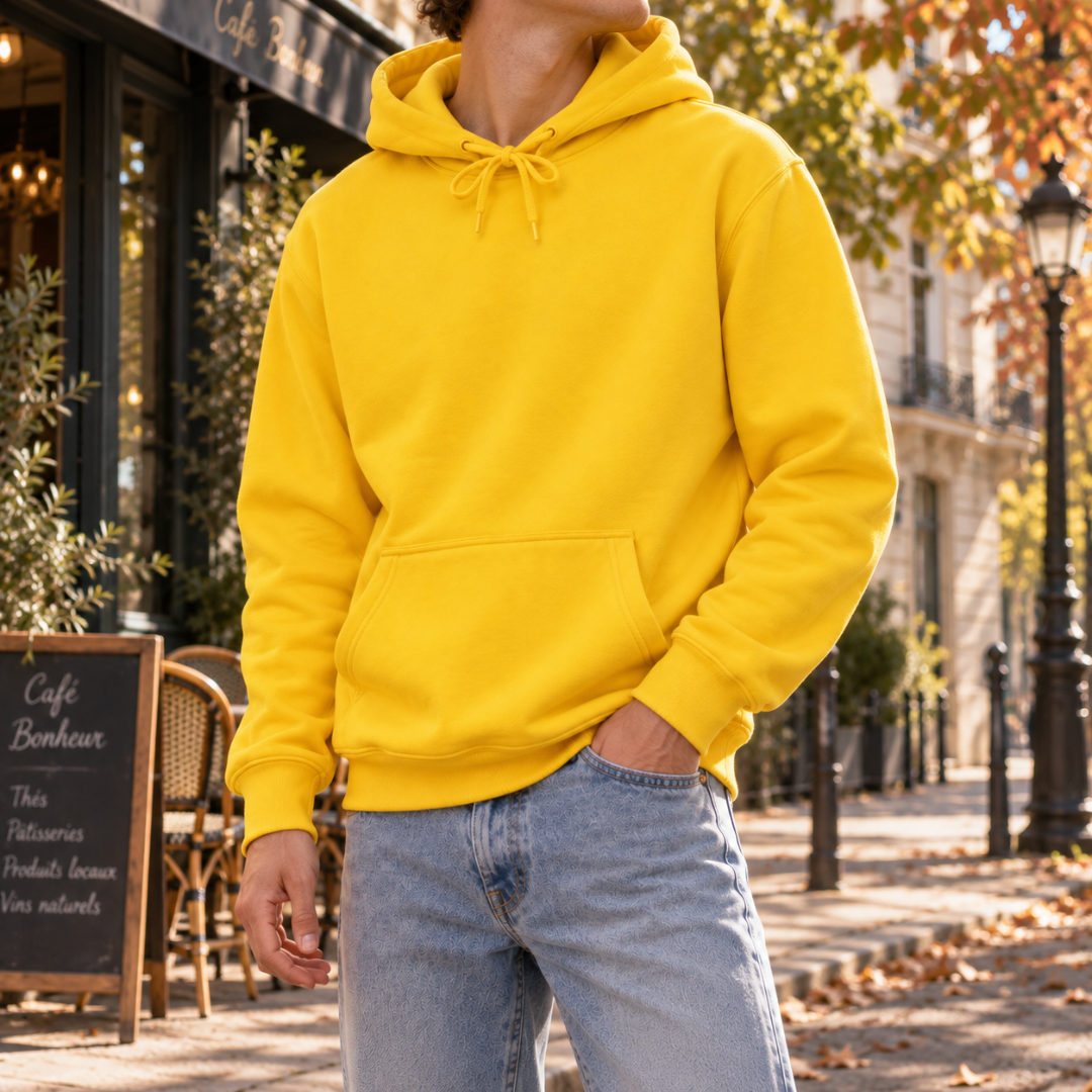 Sweat à capuche jaune porté avec un pantalon clair dans une rue parisienne
