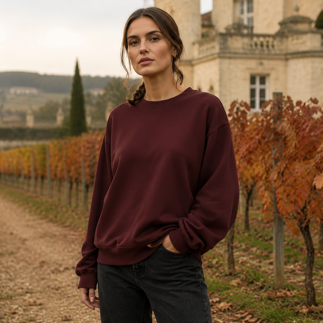 Sweat femme bordeaux à col rond côtelé et bas en bord-côtes