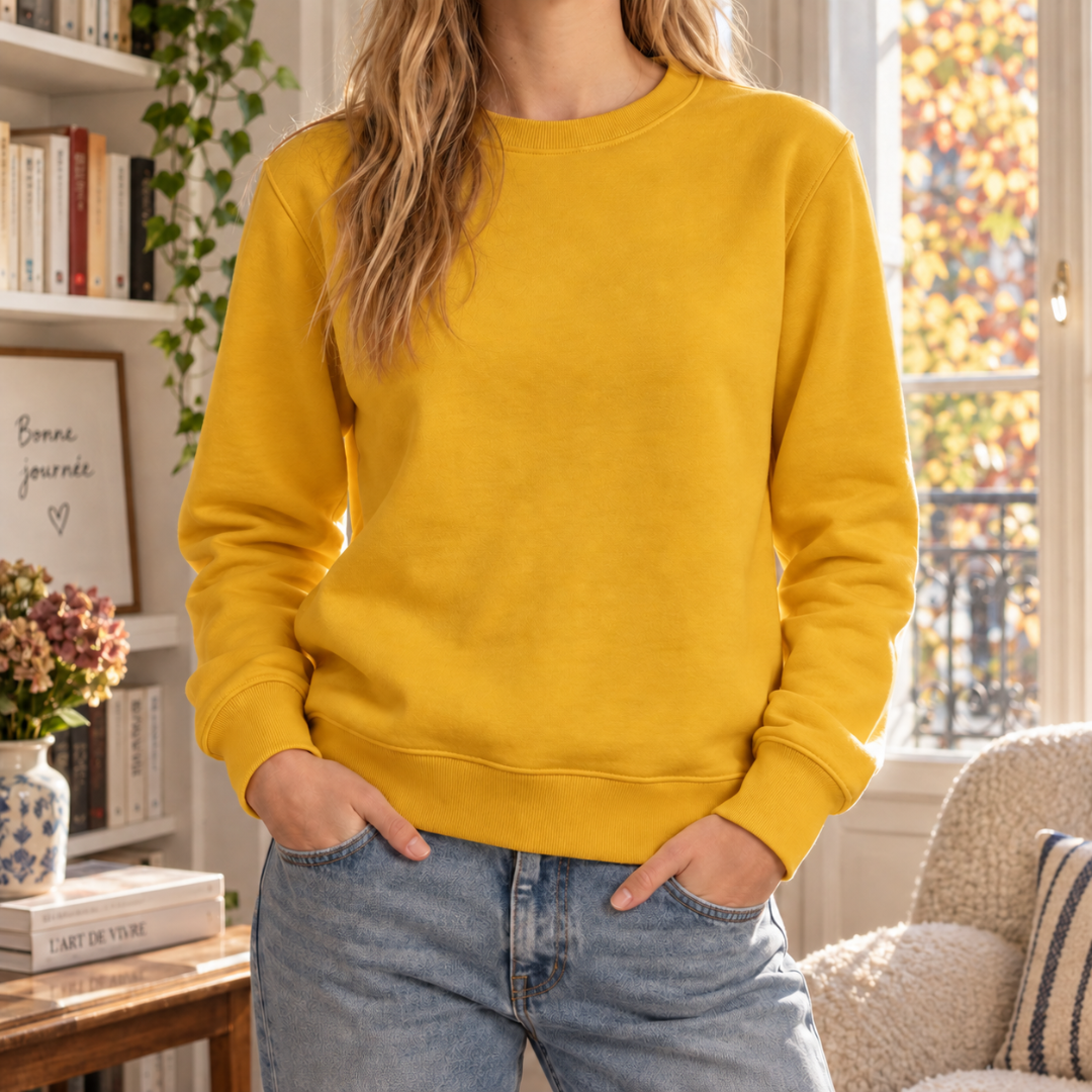 Sweat femme jaune moutarde uni, encolure ronde côtelée et manches longues
