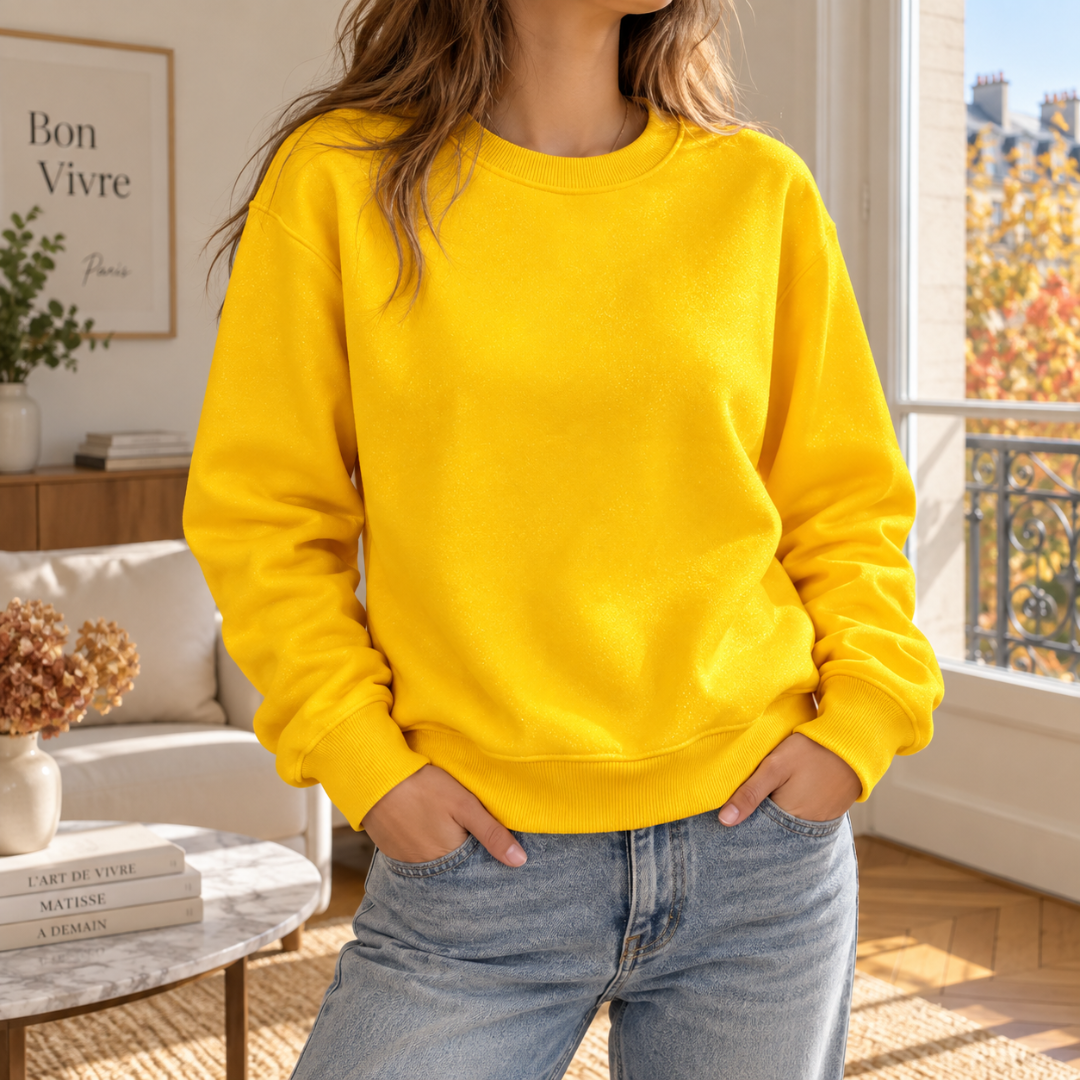 Sweat femme jaune uni à col rond côtelé et bas resserré par bord côtelé