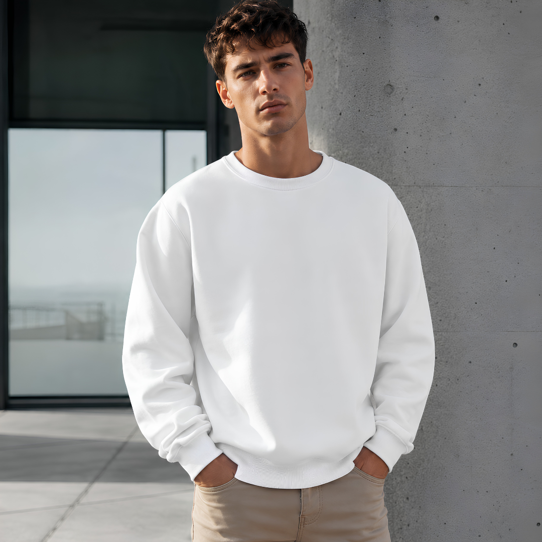 Sweat homme blanc uni avec col rond, manches longues et bas côtelé