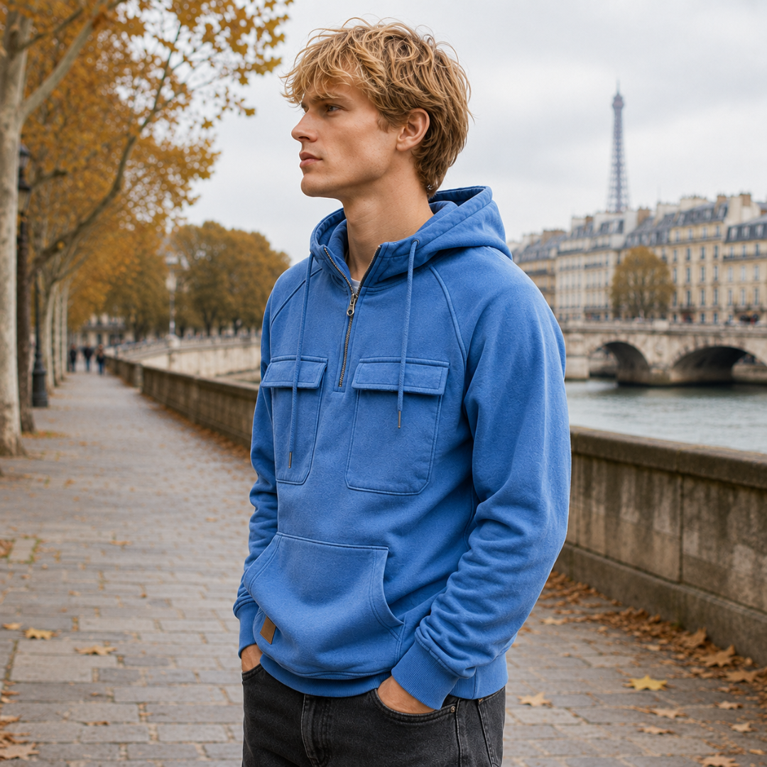 Sweat bleu de profil, capuche à cordon et poche kangourou visible