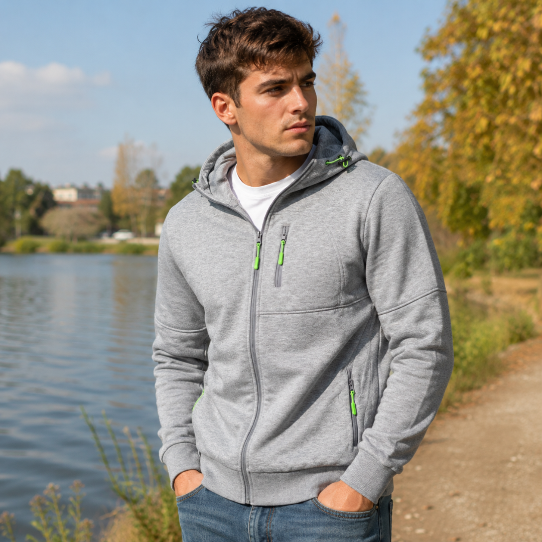 Sweat homme gris chiné zippé avec capuche à cordon et tirettes vertes