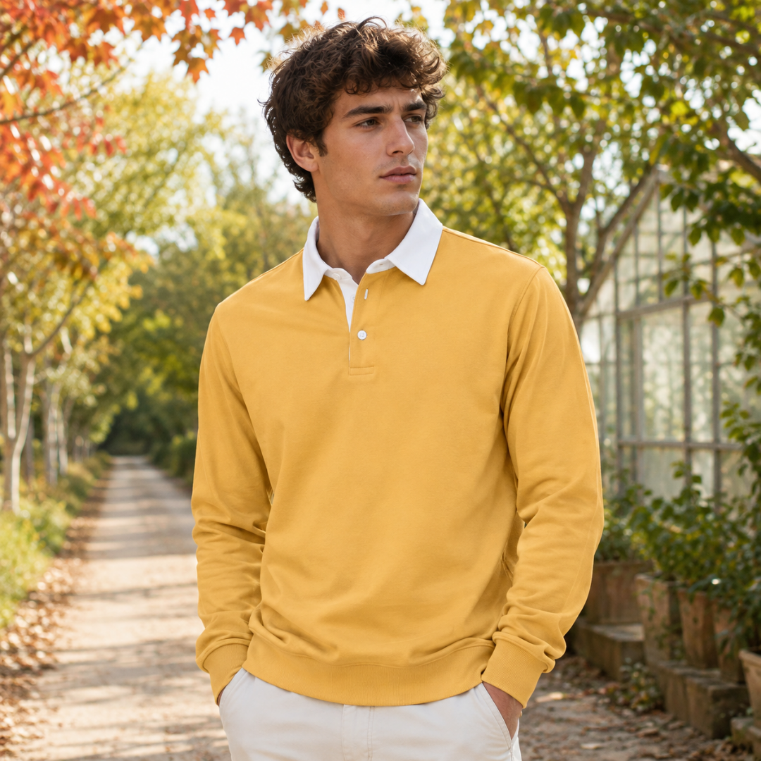 Sweat polo homme jaune à col chemise blanc et patte à deux boutons