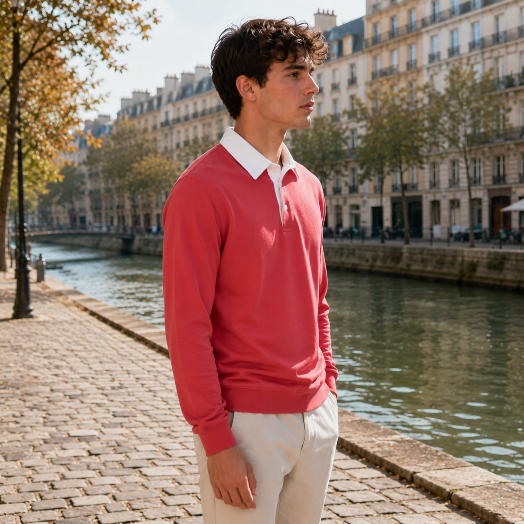 Homme de profil portant un sweat polo rouge à manches longues et poignets côtelés