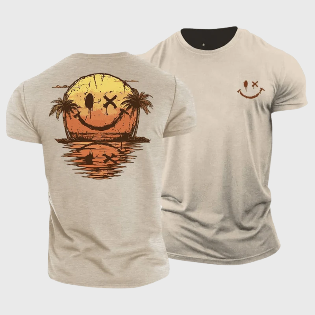 T-shirt homme beige smiley, vue packshot face et dos