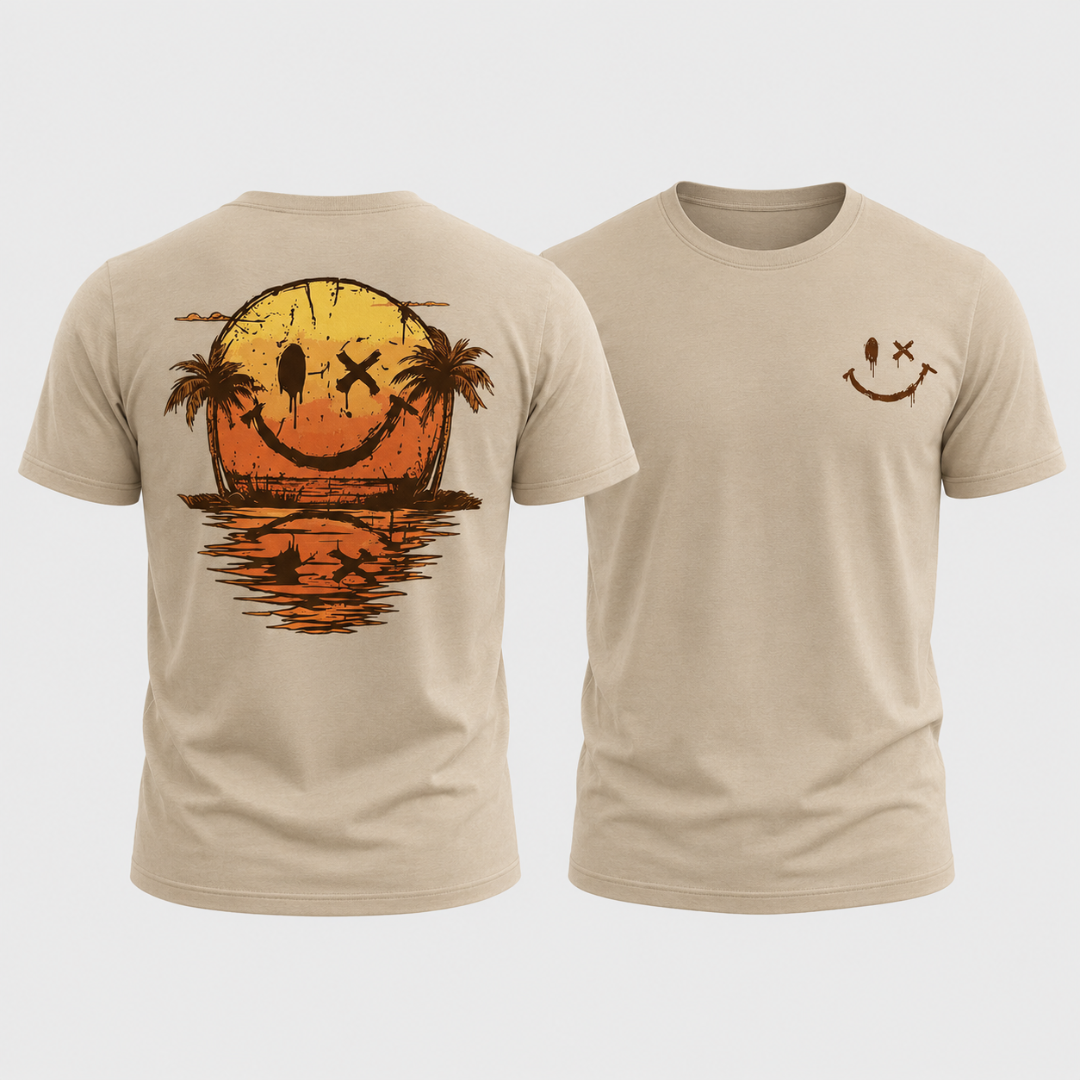 T-shirt homme beige smiley, vue packshot face et dos