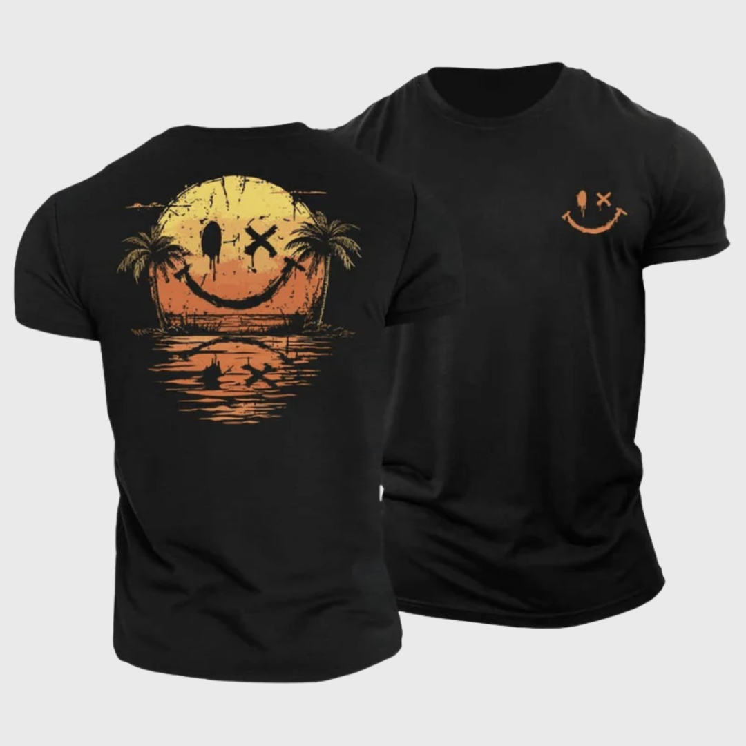 T-shirt homme noir smiley, packshot face et dos