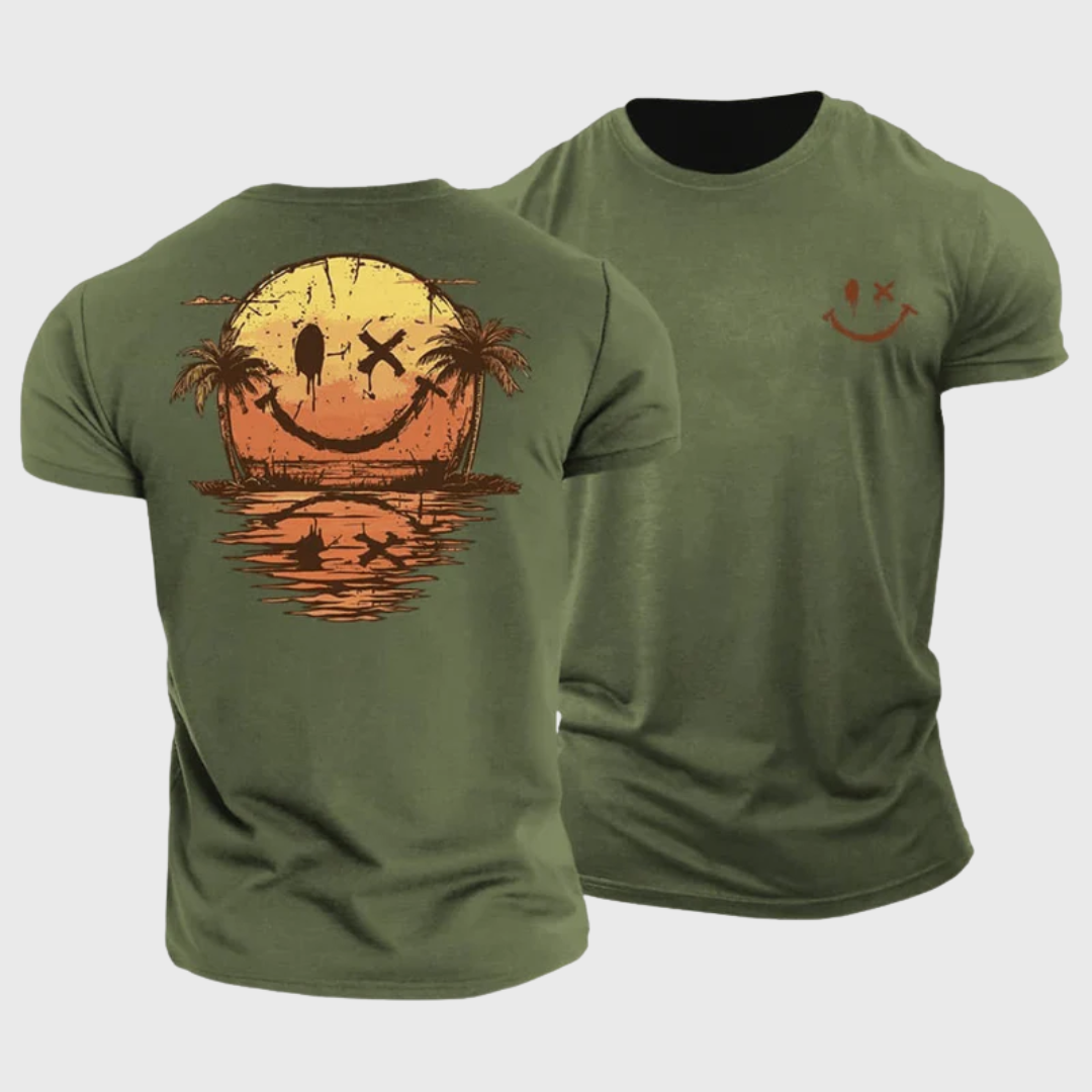 T-shirt homme vert smiley, vue packshot face et dos