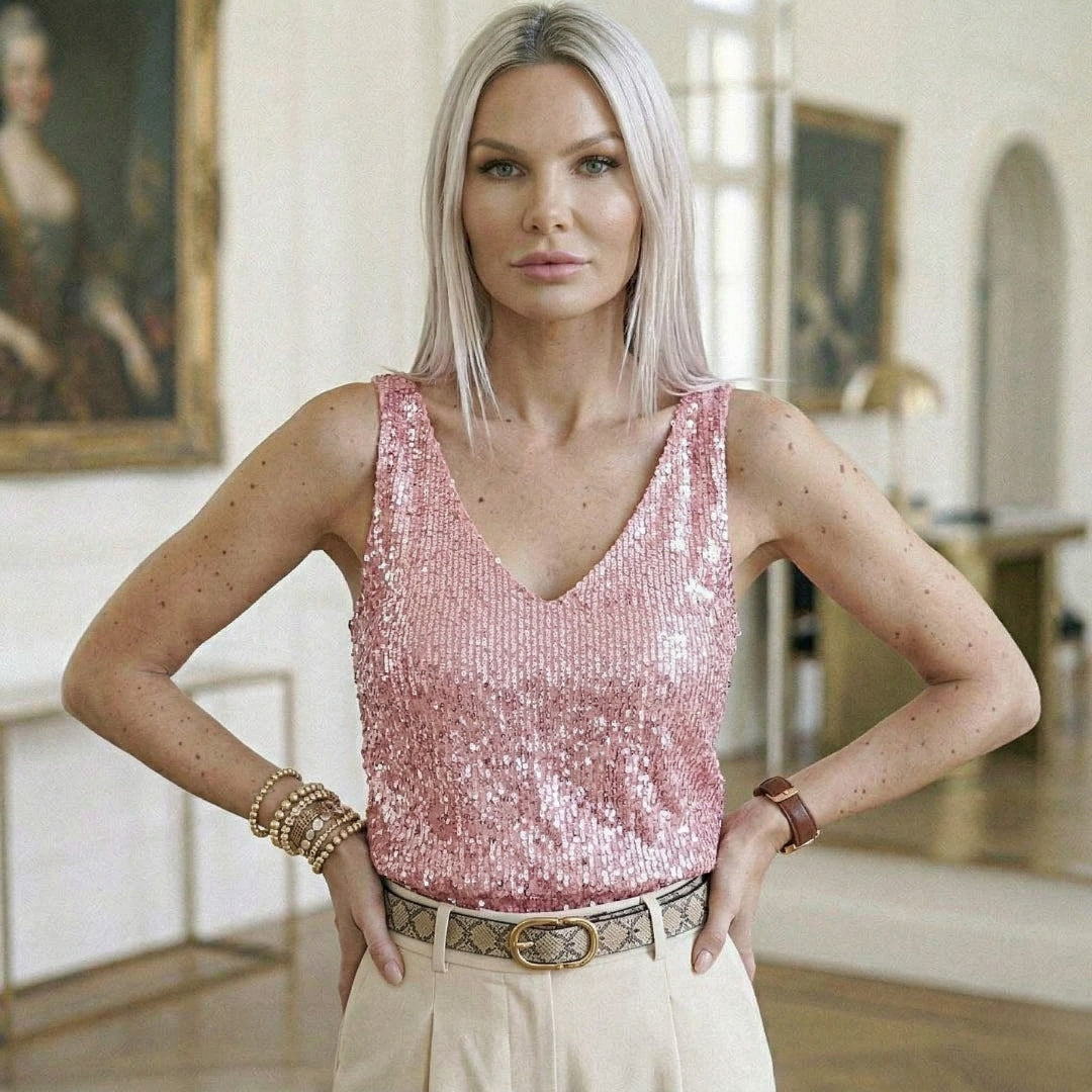 Top femme col V sans manches paillettes coupe courte rose
