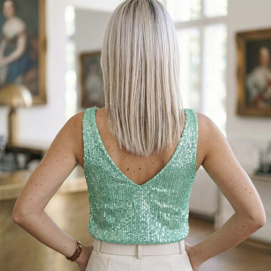 Top paillettes vert femme détail col V coupe courte