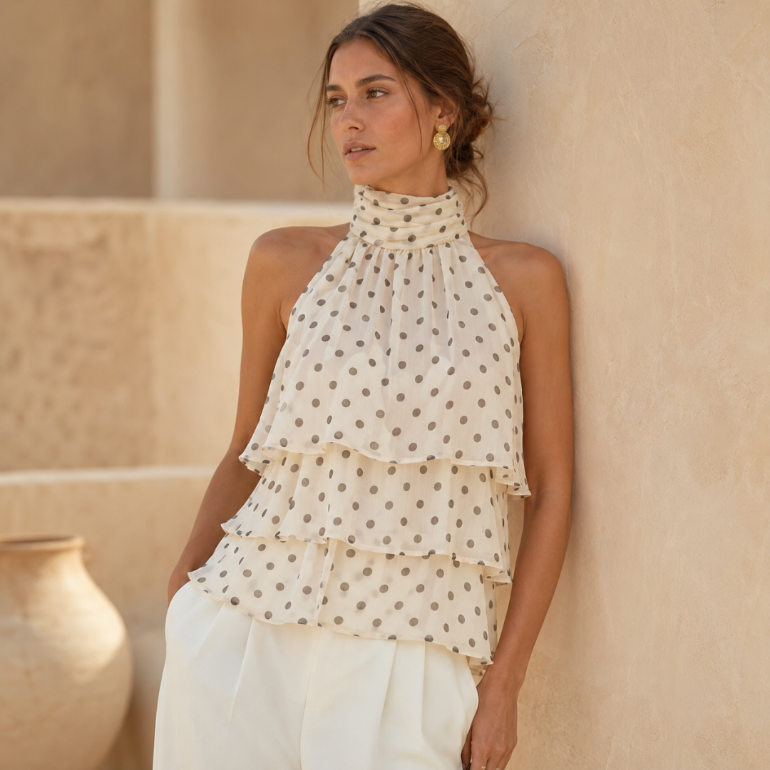 Top beige à pois avec volants aériens et col montant