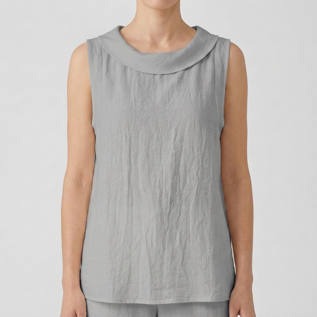 Top femme sans manches col bénitier en gris, vue de face