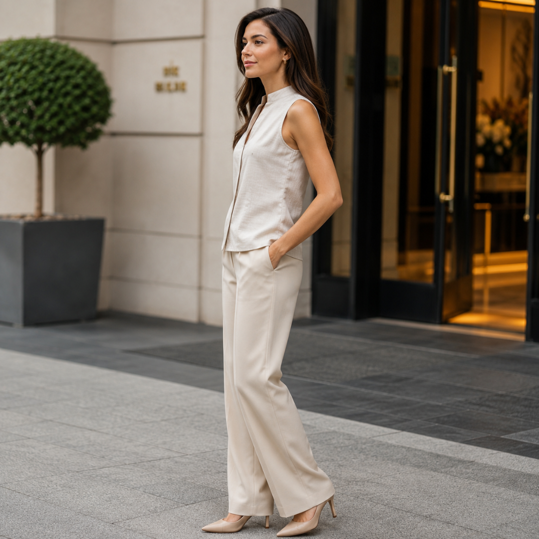 Vue de profil du top beige sans manches et pantalon large, silhouette élancée