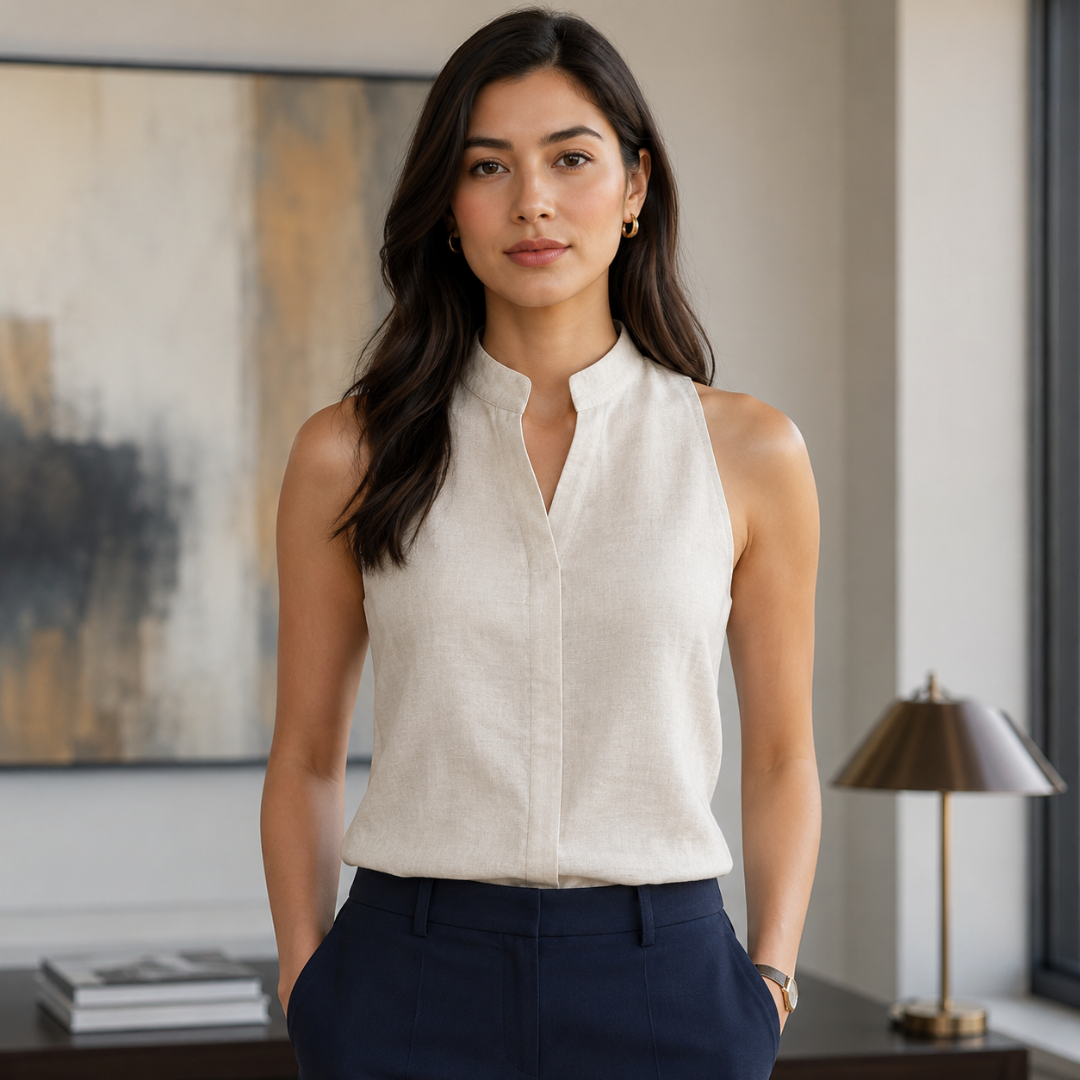Top beige sans manches et pantalon bleu marine, col montant fendu bien droit