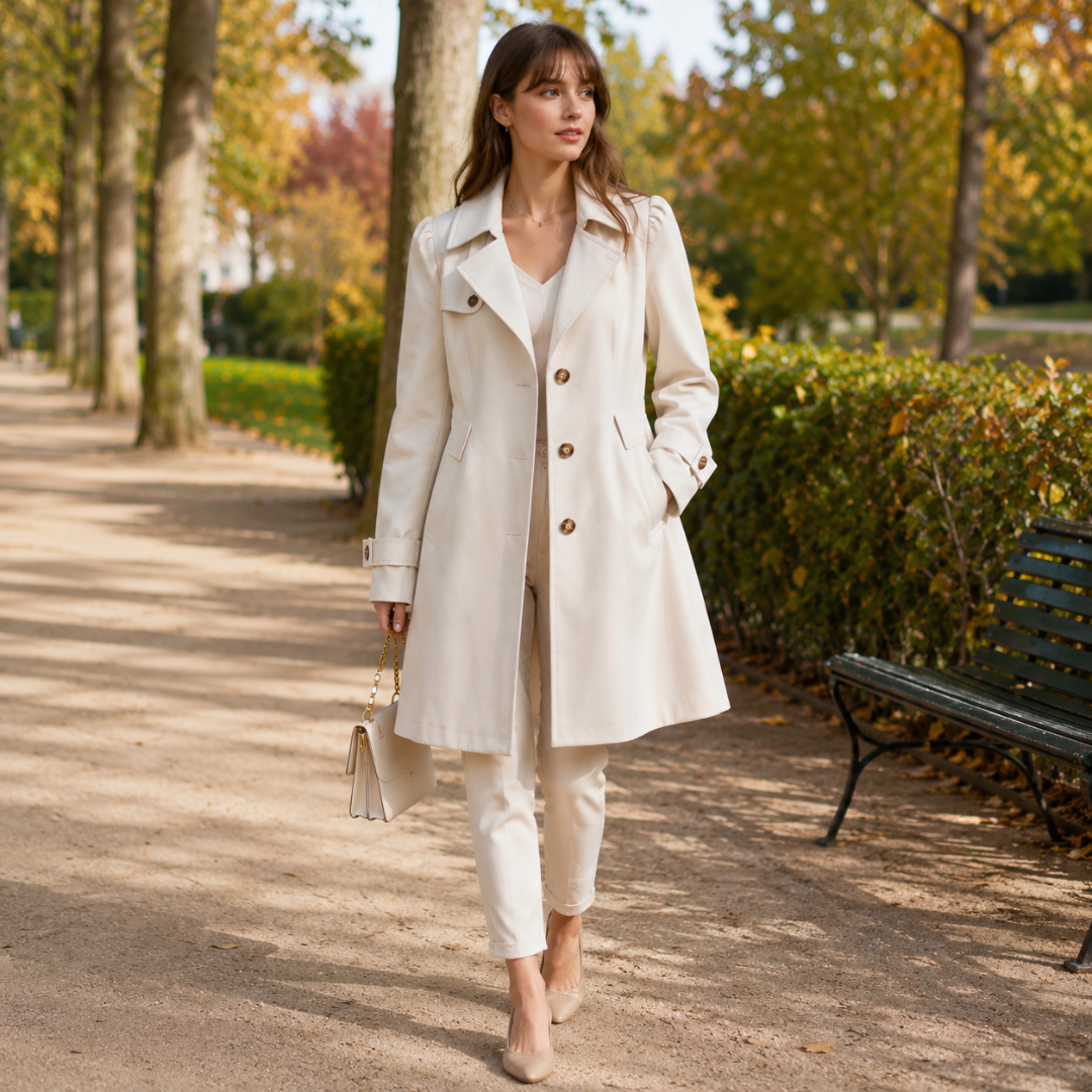 Trench femme blanc mi-long avec épaules froncées et boutons ton bois