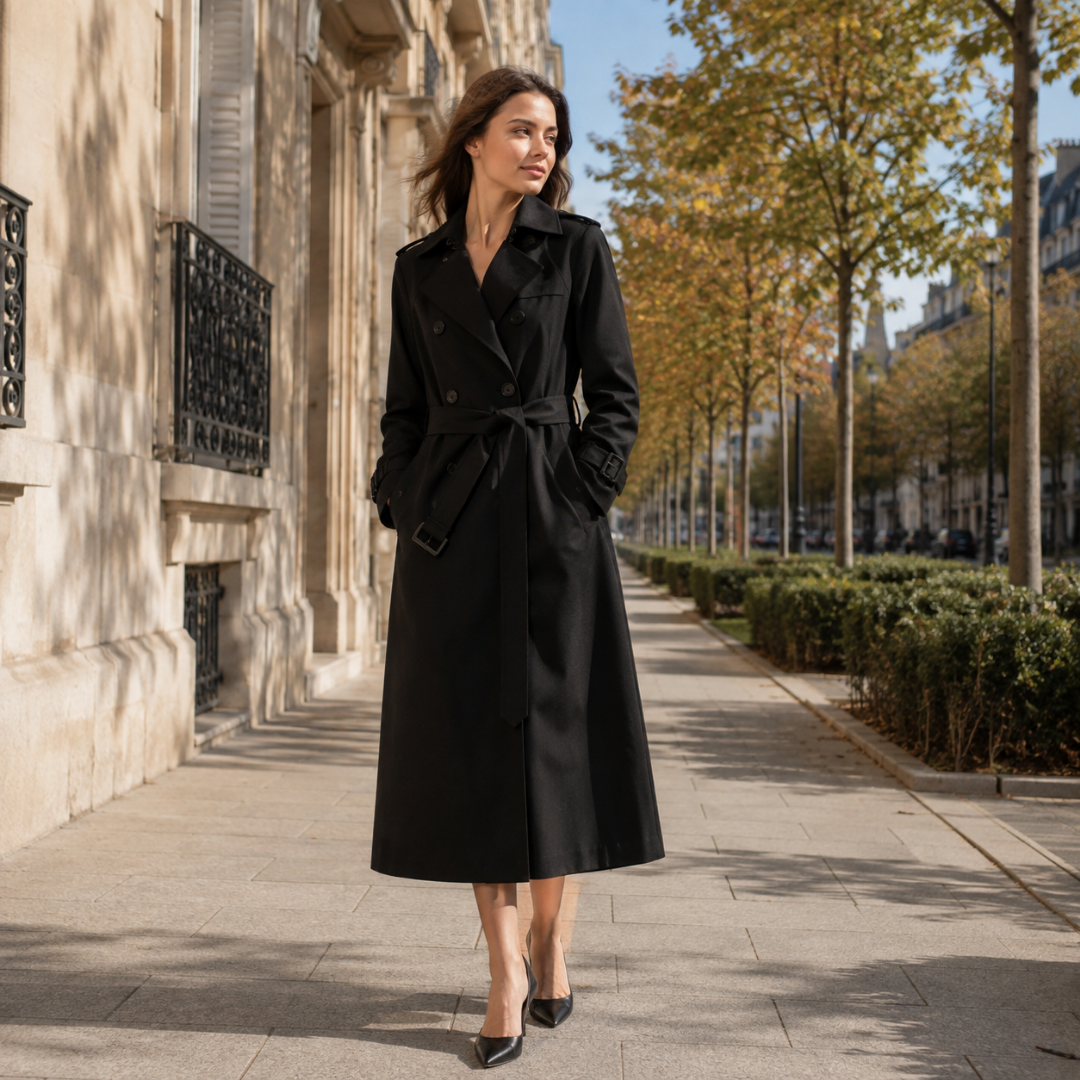 Trench femme noir long avec col tailleur, ceinture nouée et poches latérales