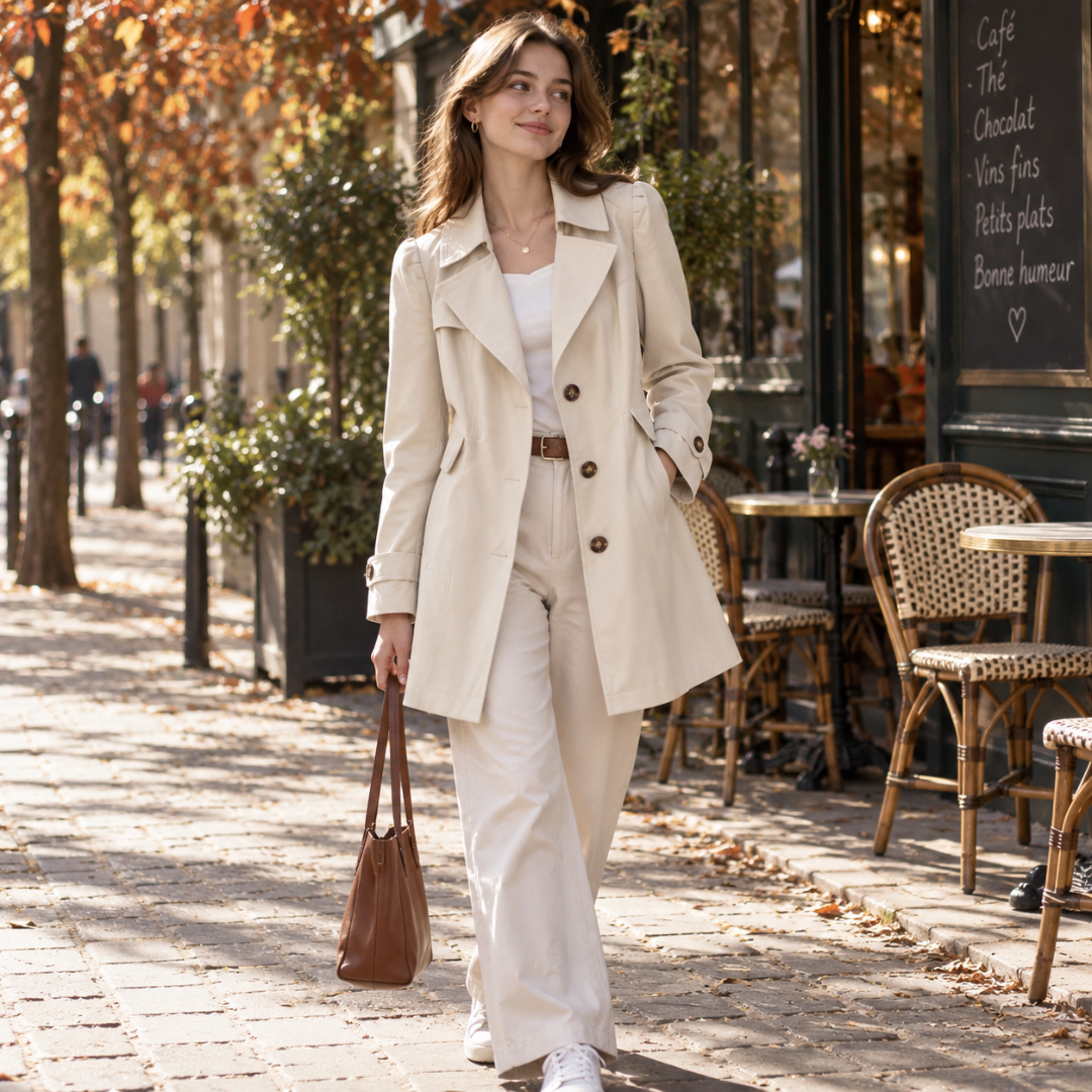 Trench femme beige mi-long à col tailleur et boutonnage simple devant une terrasse