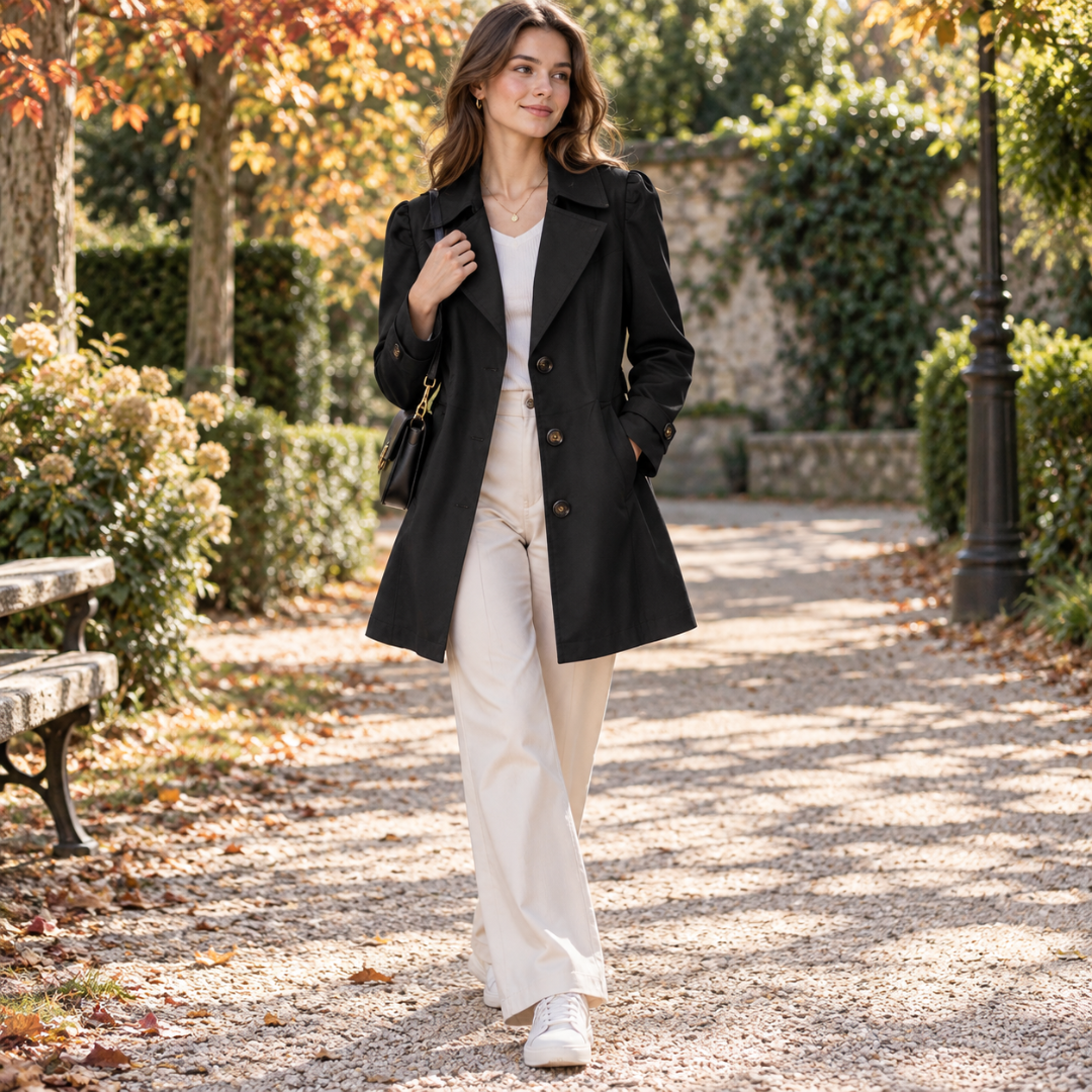Trench femme noir mi-long à revers larges et boutonnage simple porté en extérieur