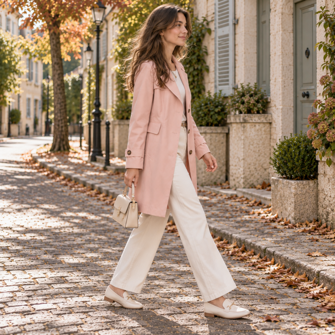 Trench femme rose vu de profil avec pattes boutonnées aux poignets et poches latérales