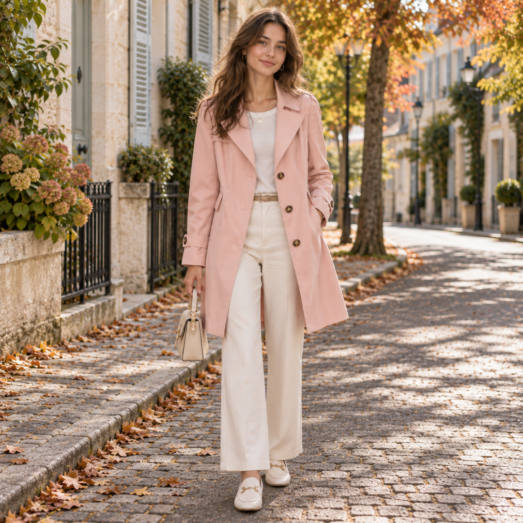 Trench femme rose mi-long de face, revers larges et boutons ton bois