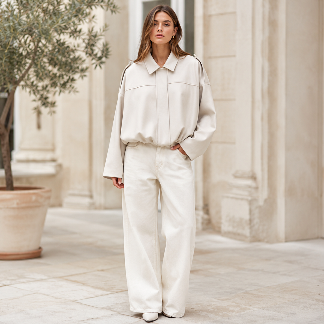 Veste bomber oversize blanche à col chemise portée avec pantalon large écru