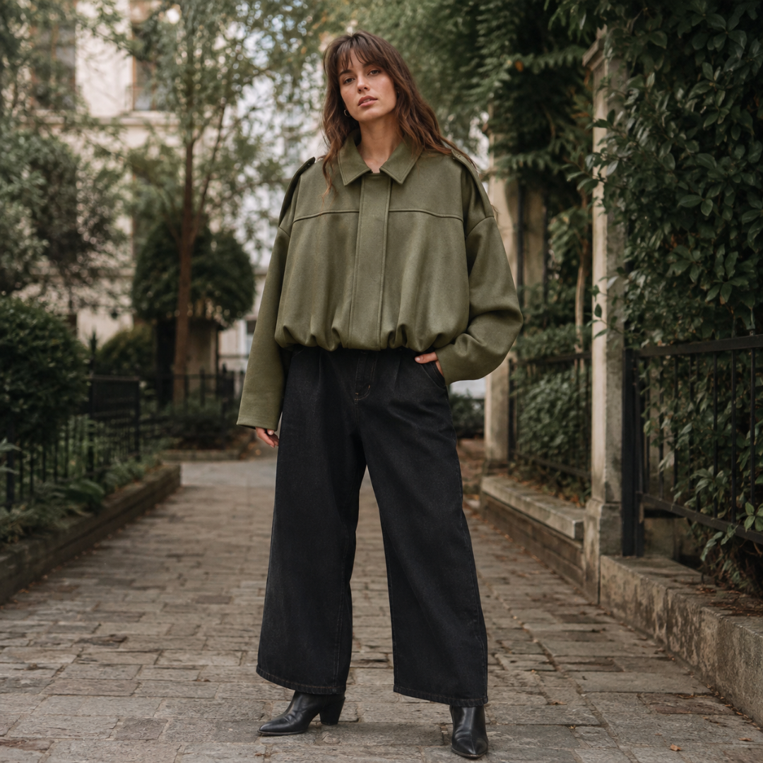 Veste bomber verte oversize associée à un pantalon foncé et des bottines