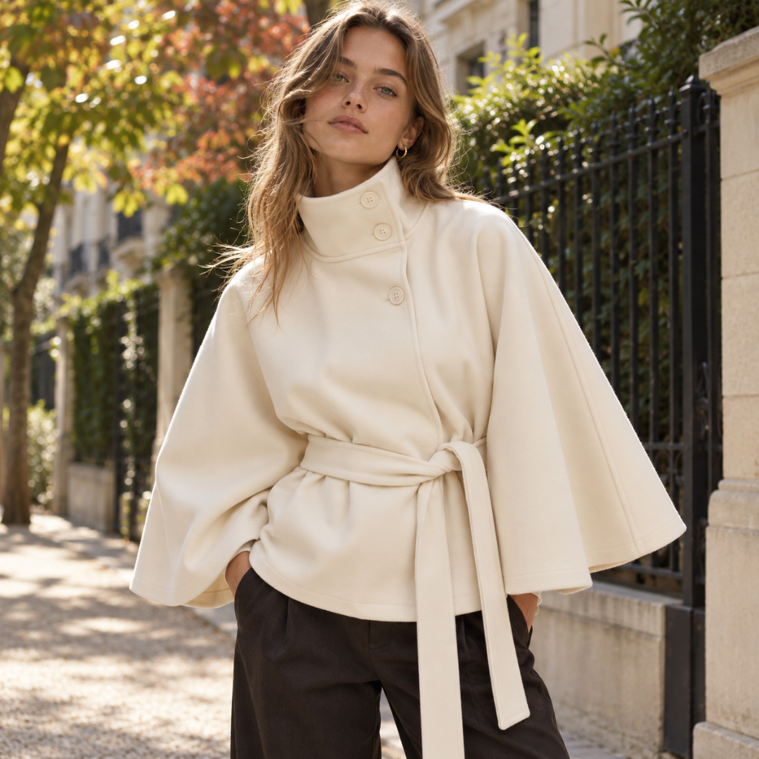 Veste cape femme blanche à trois boutons et large ceinture nouée devant