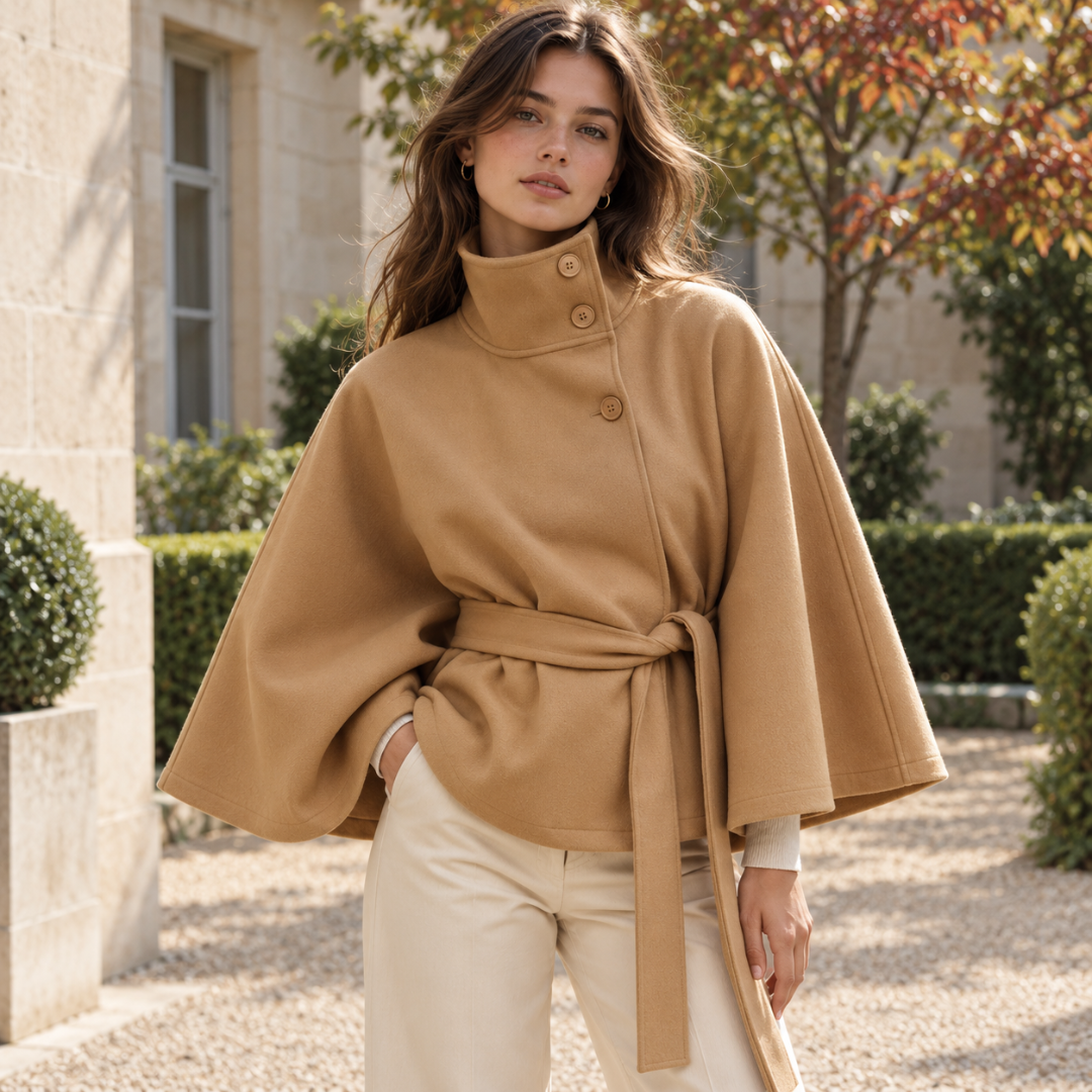 Veste cape femme kaki à col montant boutonné et ceinture nouée à la taille