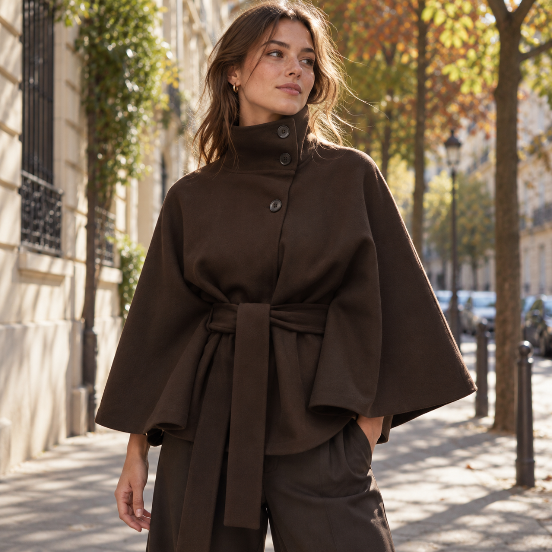 Veste cape femme marron avec col montant croisé et manches cape évasées