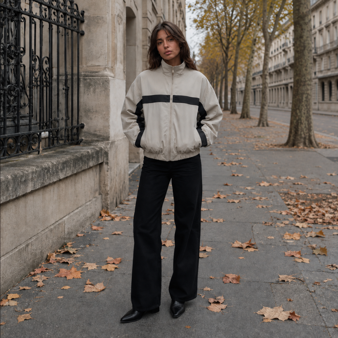 Blouson aviateur beige, vu de face, avec une bande contrastée le long de la manche