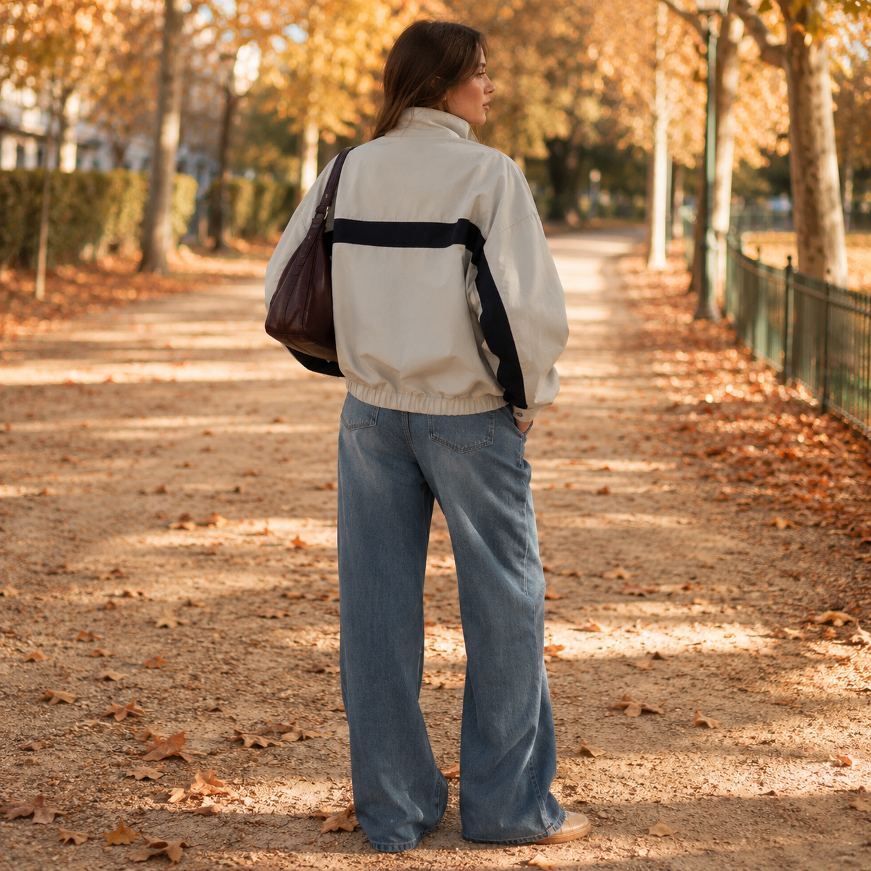 Dos de la veste bomber beige avec bande horizontale contrastante et base élastiquée