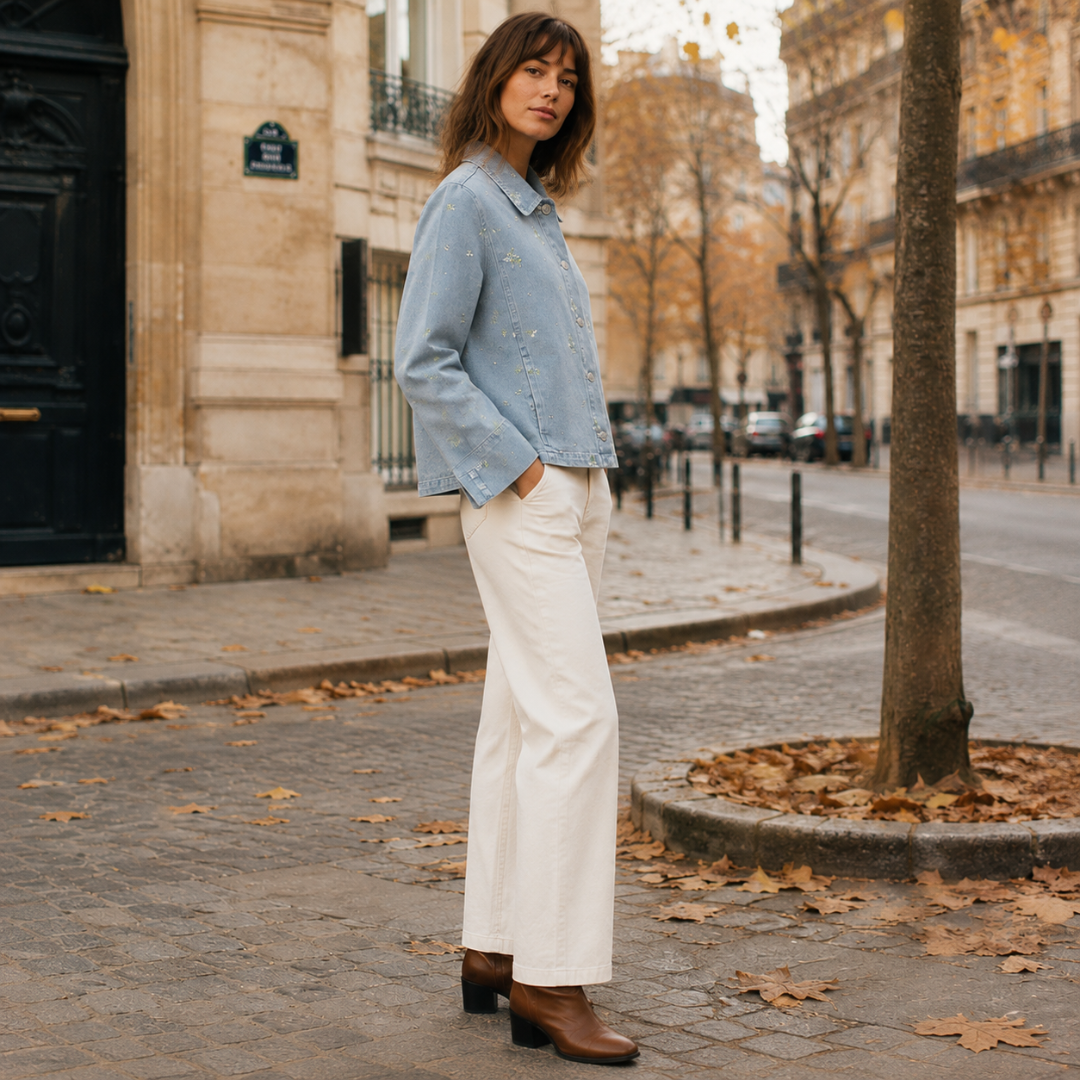 Veste courte bleu clair vue de profil, manches longues et poignets fendus brodés