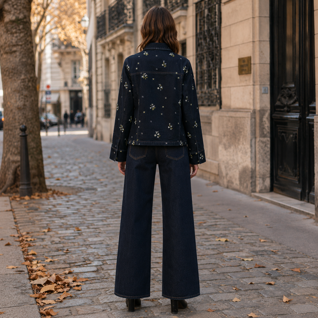 Dos de la veste bleu foncé, motifs floraux brodés répartis sur toute la surface